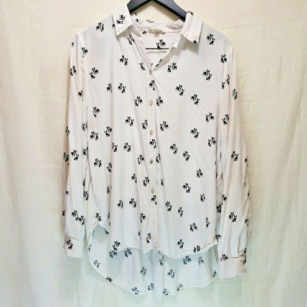 Jane and Delancey French Bulldog Print Button Up Shirt XL White Rayon High Low